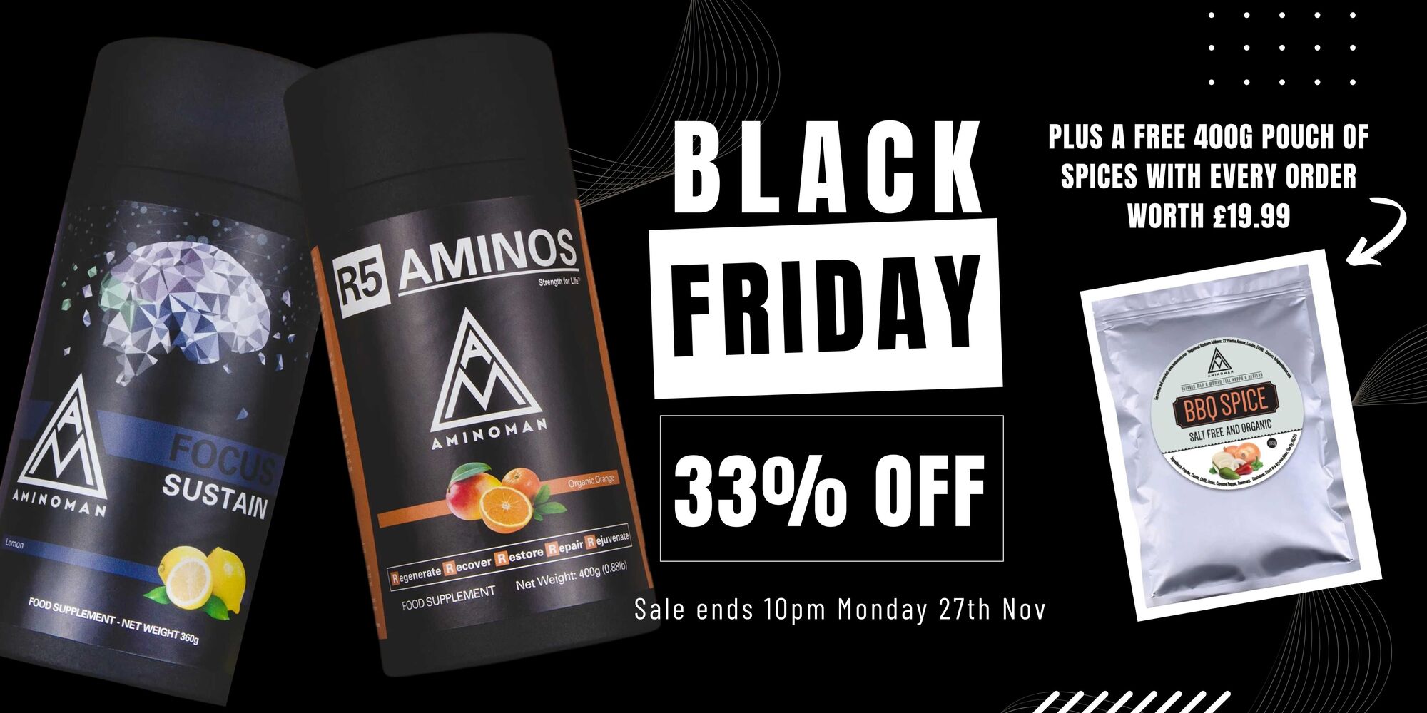 Amino Man black friday banner 33% off